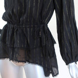 Derek Lam 10 Crosby Peplum Blouse Black/Gold Metallic Stripe Size 2 Long Sleeve - Celebrity Owned