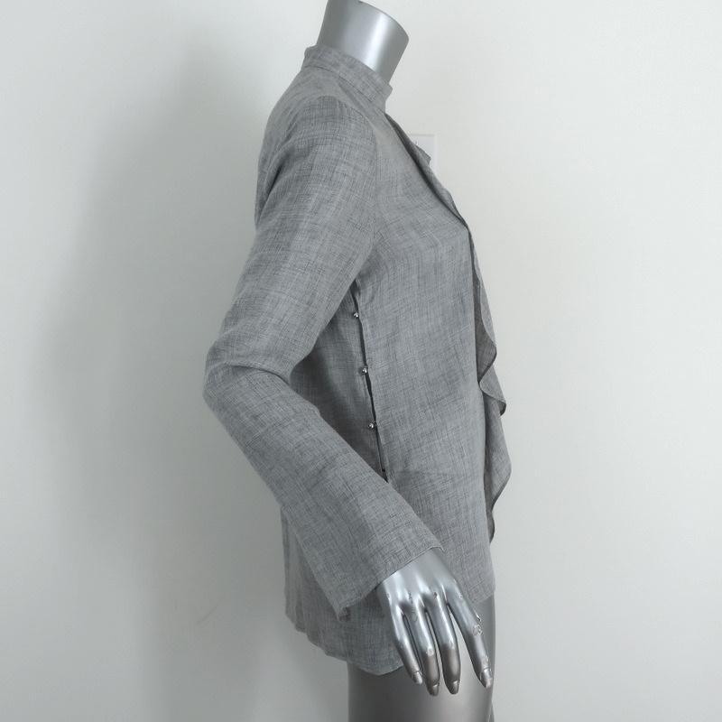 Derek Lam 10 Crosby Ruffle Blouse Light Gray Wool-Blend Size 2 Cutout-Neck Top - Celebrity Owned
