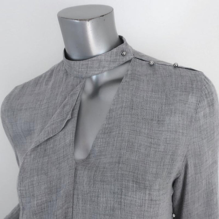 Derek Lam 10 Crosby Ruffle Blouse Light Gray Wool-Blend Size 2 Cutout-Neck Top - Celebrity Owned