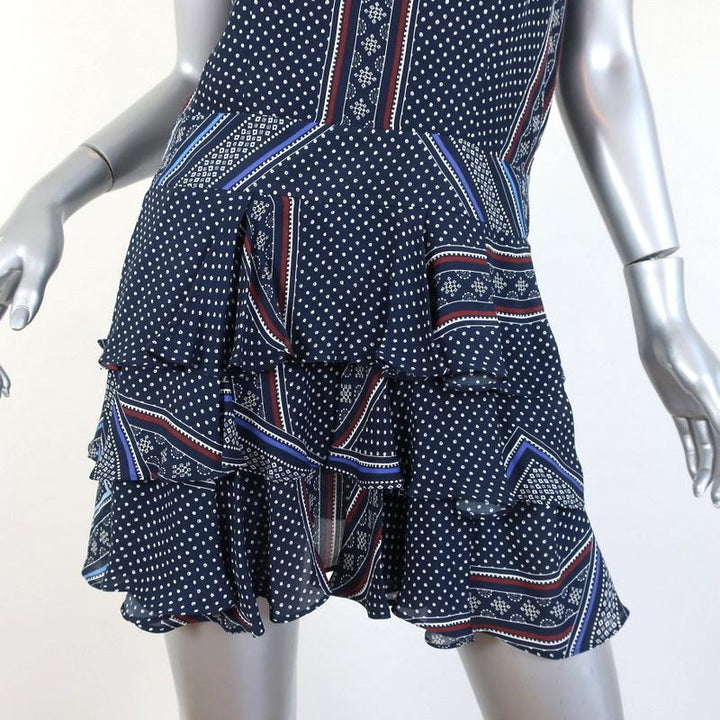 Derek Lam 10 Crosby Tiered Mini Dress Navy Scarf Print Silk Size 2 - Celebrity Owned