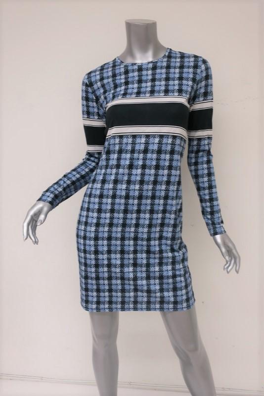 Derek Lam Dress Blue Striped Plaid Cotton Jersey Size 4 Long Sleeve Mini - Celebrity Owned