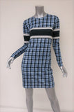 Derek Lam Dress Blue Striped Plaid Cotton Jersey Size 4 Long Sleeve Mini - Celebrity Owned