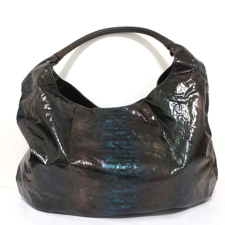 Devi Kroell Hobo Brown/Green Metallic Snakeskin Print Extra Large Shoulder Bag - Celebrity Owned