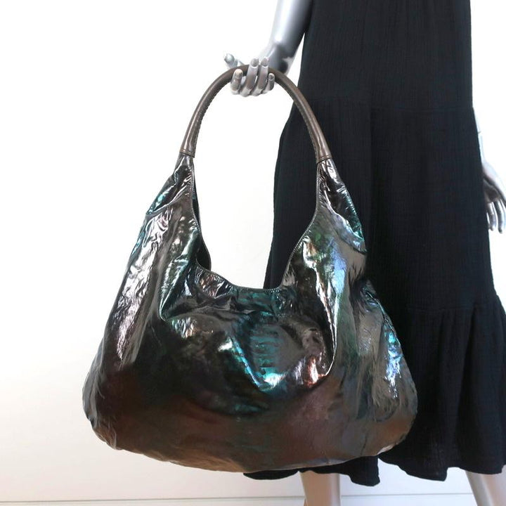 Devi Kroell Hobo Brown/Green Metallic Snakeskin Print Extra Large Shoulder Bag - Celebrity Owned