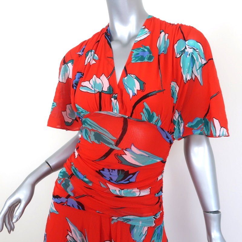 Diane von Furstenberg Dress Asher Vermillion Floral Print Mesh Size Extra Small - Celebrity Owned