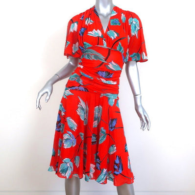 Diane von Furstenberg Dress Asher Vermillion Floral Print Mesh Size Extra Small - Celebrity Owned