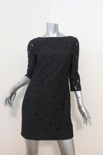 Diane von Furstenberg Sarita Dress Black Flower Lace Size 6 V-Back 3/4 Sleeve - Celebrity Owned