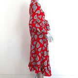 Dodo Bar Or Tie-Front Midi Dress Lennon Red Paisley Print Silk Size 42 - Celebrity Owned
