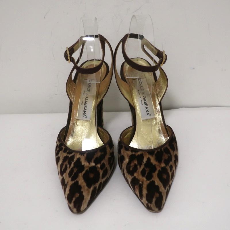 Dolce &amp; Gabbana Ankle Strap Pumps Leopard Print Velvet Size 38 Pointed Toe Heel - Celebrity Owned