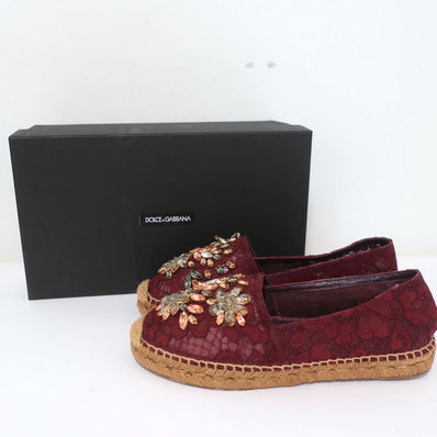 Dolce & Gabbana Crystal-Embellished Lace Espadrilles Bordeaux Size 37 - Celebrity Owned