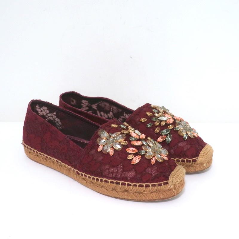 Dolce &amp; Gabbana Crystal-Embellished Lace Espadrilles Bordeaux Size 37 - Celebrity Owned