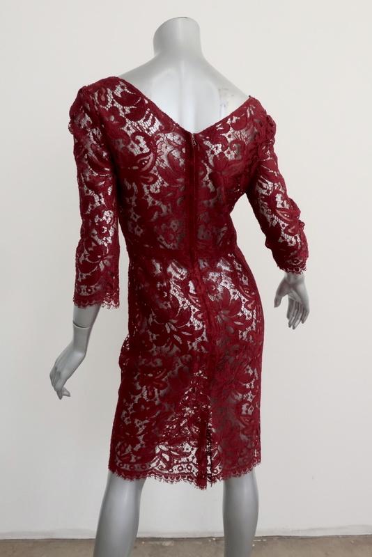 Dolce &amp; Gabbana Lace Dress Dark Red Size 40 Scoop Neck 3/4 Sleeve - Celebrity Owned