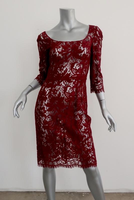 Dolce &amp; Gabbana Lace Dress Dark Red Size 40 Scoop Neck 3/4 Sleeve - Celebrity Owned