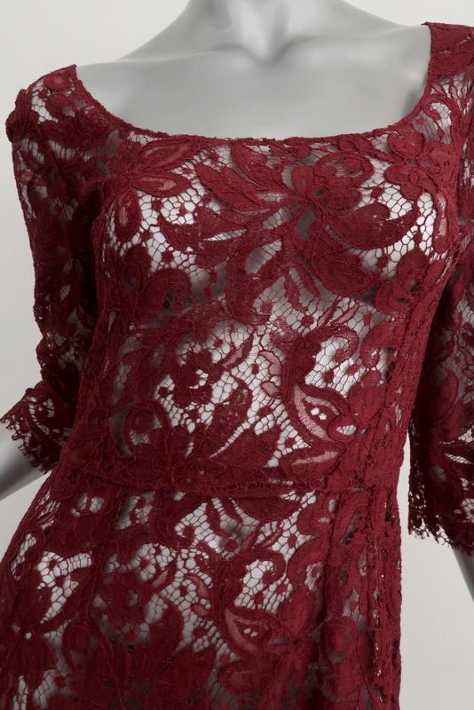 Dolce &amp; Gabbana Lace Dress Dark Red Size 40 Scoop Neck 3/4 Sleeve - Celebrity Owned