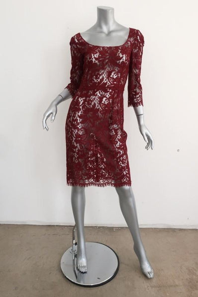 Dolce & Gabbana Lace Dress Dark Red Size 40 Scoop Neck 3/4 Sleeve - Celebrity Owned