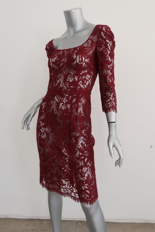 Dolce &amp; Gabbana Lace Dress Dark Red Size 40 Scoop Neck 3/4 Sleeve - Celebrity Owned