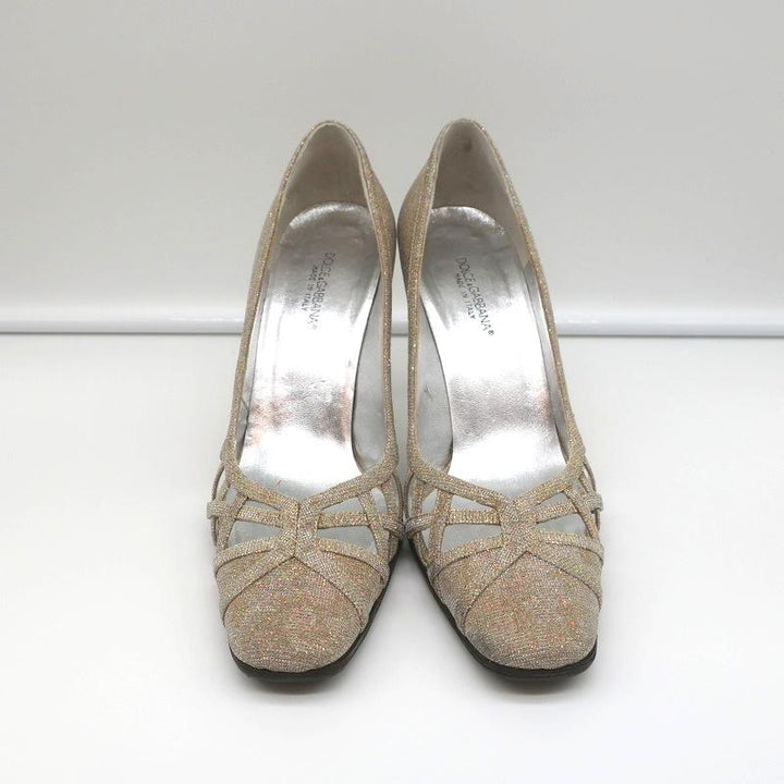 Dolce &amp; Gabbana Pumps Gold Jacquard Lame Size 38 Cutout Heels - Celebrity Owned