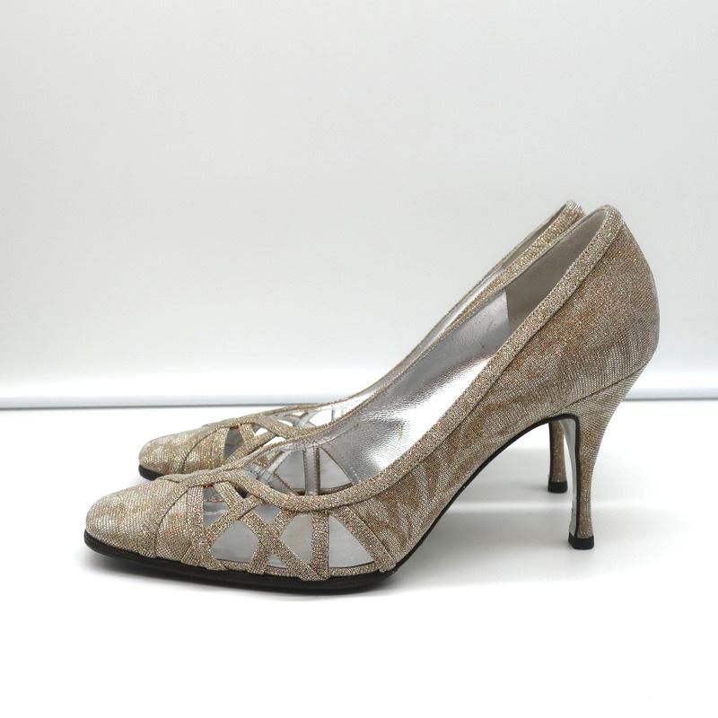 Dolce &amp; Gabbana Pumps Gold Jacquard Lame Size 38 Cutout Heels - Celebrity Owned