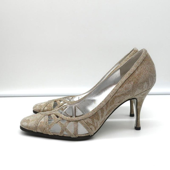 Dolce &amp; Gabbana Pumps Gold Jacquard Lame Size 38 Cutout Heels - Celebrity Owned