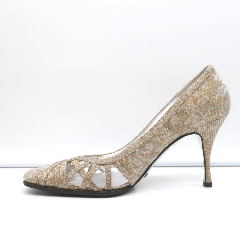 Dolce &amp; Gabbana Pumps Gold Jacquard Lame Size 38 Cutout Heels - Celebrity Owned