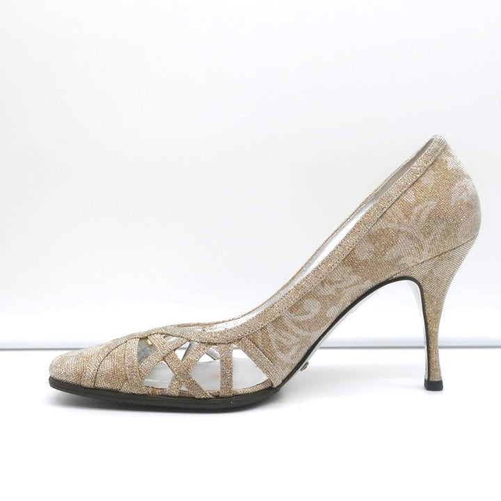 Dolce &amp; Gabbana Pumps Gold Jacquard Lame Size 38 Cutout Heels - Celebrity Owned
