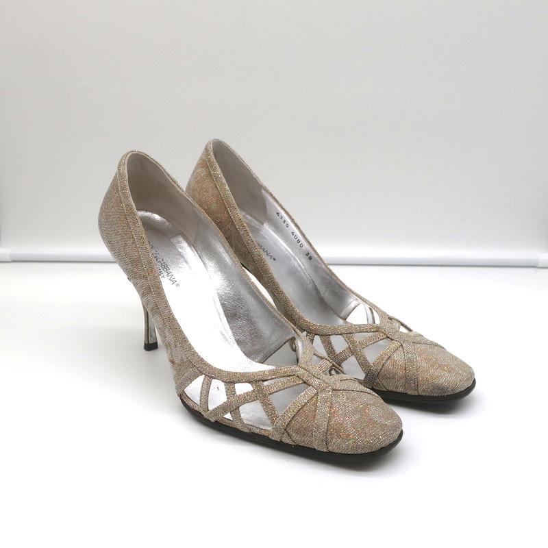 Dolce &amp; Gabbana Pumps Gold Jacquard Lame Size 38 Cutout Heels - Celebrity Owned