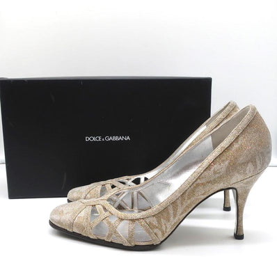 Dolce & Gabbana Pumps Gold Jacquard Lame Size 38 Cutout Heels - Celebrity Owned