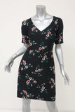 Draper James Dress Black Floral Print Crepe Size 2 Short Sleeve V-Neck Mini - Celebrity Owned