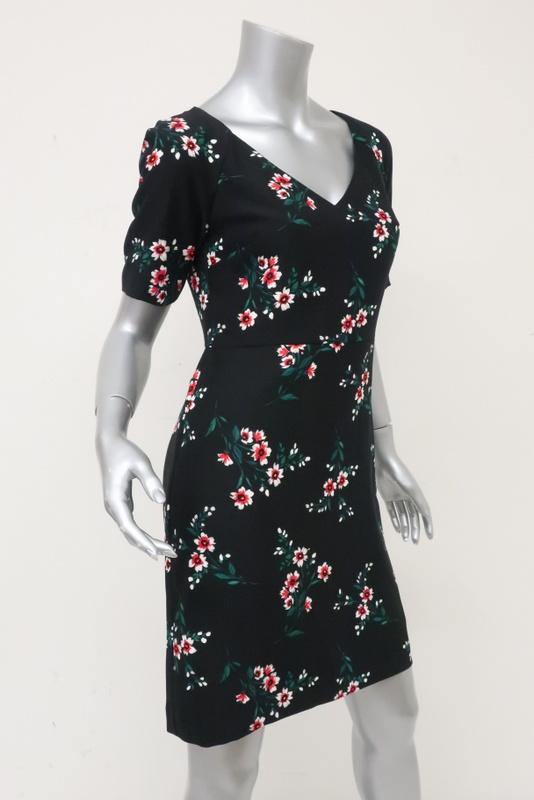 Draper James Dress Black Floral Print Crepe Size 2 Short Sleeve V-Neck Mini - Celebrity Owned