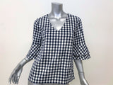 Draper James Gingham Bell Sleeve Top Navy/White Size 2 V-Neck Blouse NEW - Celebrity Owned