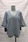 Draper James Gingham Bell Sleeve Top Navy/White Size 2 V-Neck Blouse NEW - Celebrity Owned