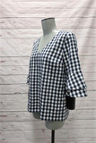 Draper James Gingham Bell Sleeve Top Navy/White Size 2 V-Neck Blouse NEW - Celebrity Owned