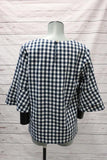 Draper James Gingham Bell Sleeve Top Navy/White Size 2 V-Neck Blouse NEW - Celebrity Owned
