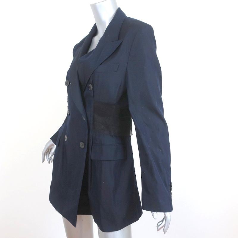 Dries Van Noten Blazer Navy Tulle-Trim Cotton Size 40 Double Breasted Jacket - Celebrity Owned