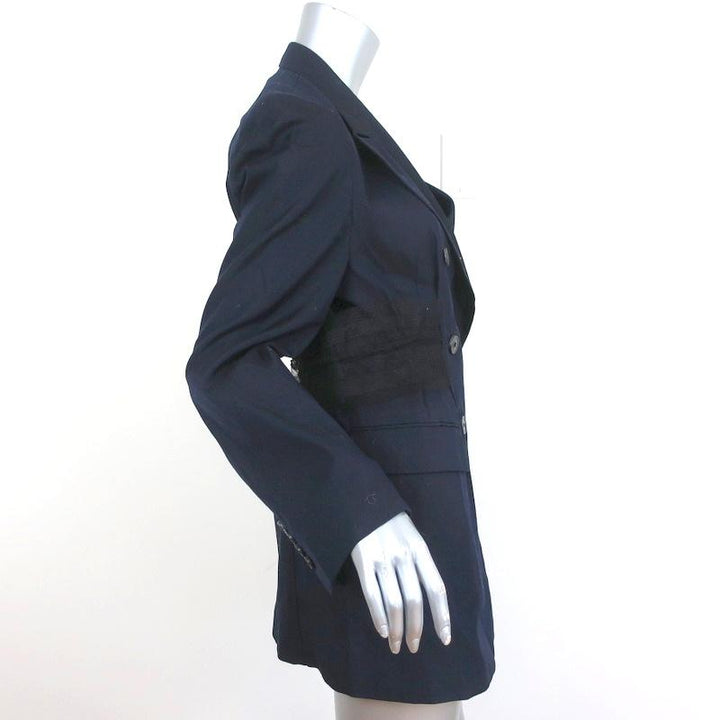Dries Van Noten Blazer Navy Tulle-Trim Cotton Size 40 Double Breasted Jacket - Celebrity Owned