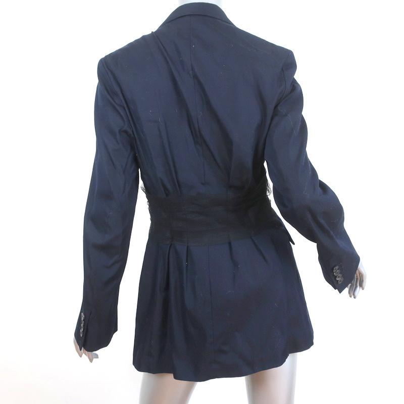 Dries Van Noten Blazer Navy Tulle-Trim Cotton Size 40 Double Breasted Jacket - Celebrity Owned
