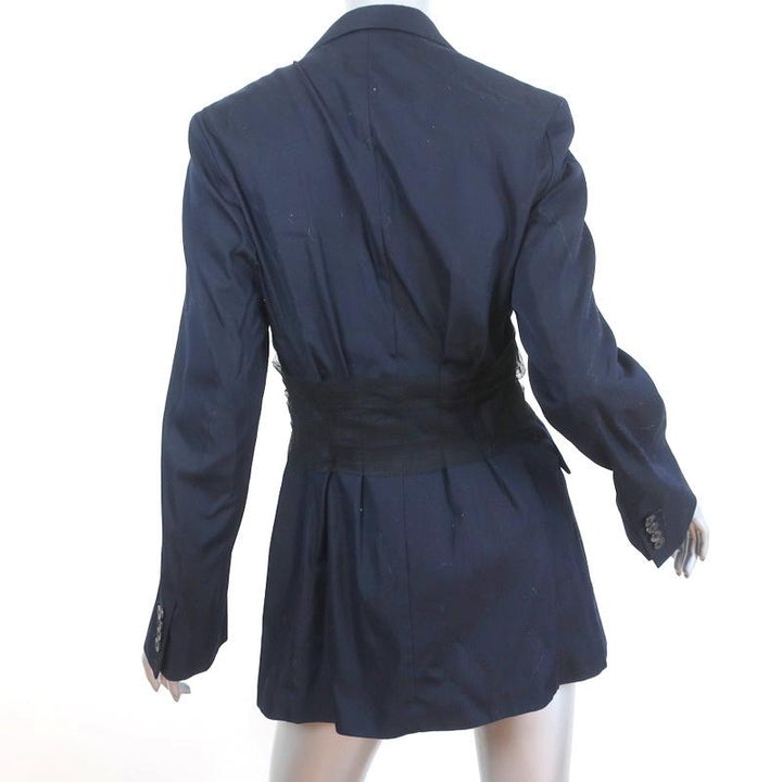 Dries Van Noten Blazer Navy Tulle-Trim Cotton Size 40 Double Breasted Jacket - Celebrity Owned