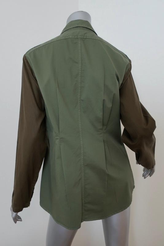 Dries Van Noten Contrast Sleeve Army Shirt Olive Cotton Size 44 Long Sleeve Top - Celebrity Owned