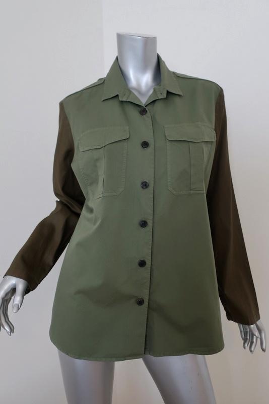 Dries Van Noten Contrast Sleeve Army Shirt Olive Cotton Size 44 Long Sleeve Top - Celebrity Owned