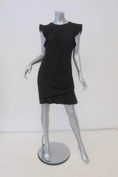 Emilio Pucci Dress Black Ruffled Stretch Wool Crepe Size US 12 Cap Sleeve Mini FR - FC13 - Celebrity Owned