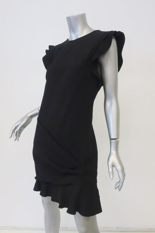 Emilio Pucci Dress Black Ruffled Stretch Wool Crepe Size US 12 Cap Sleeve Mini FR - FC13 - Celebrity Owned