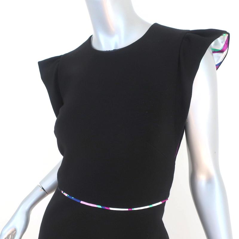 Emilio Pucci Dress Black Stretch Ponte Size US 6 Ruffle Sleeve Sheath - Celebrity Owned