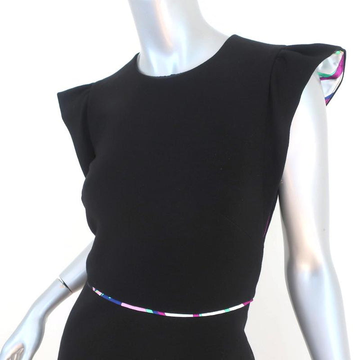 Emilio Pucci Dress Black Stretch Ponte Size US 6 Ruffle Sleeve Sheath - Celebrity Owned