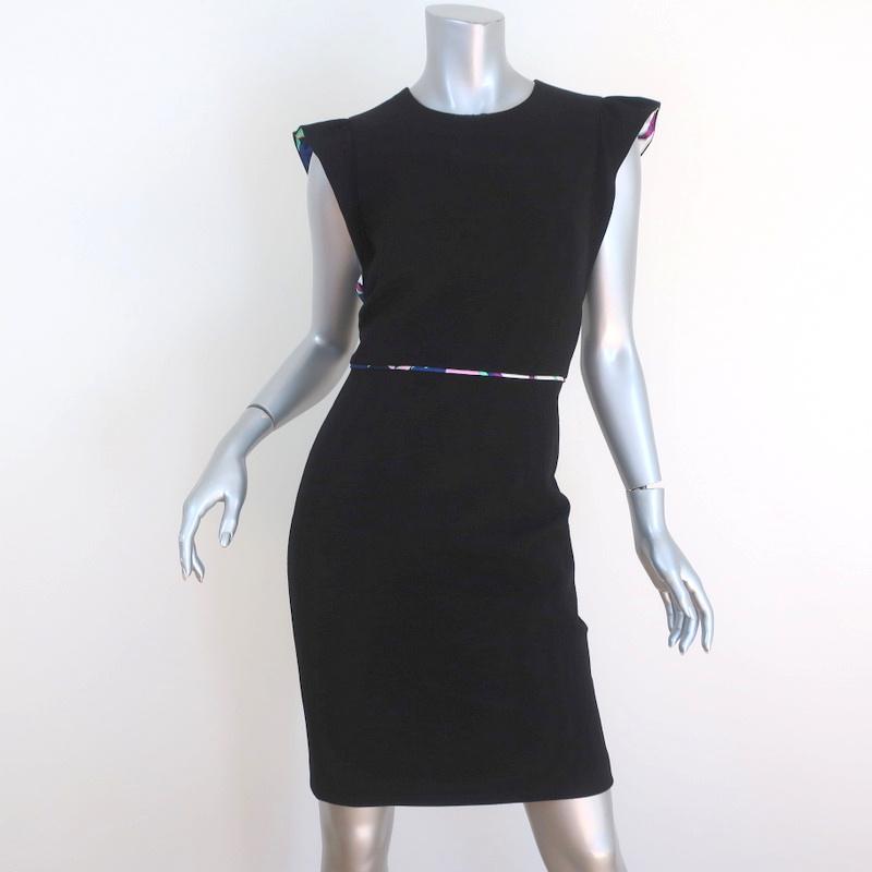 Emilio Pucci Dress Black Stretch Ponte Size US 6 Ruffle Sleeve Sheath - Celebrity Owned