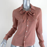 Equipment Blouse Beige/Red Printed Stretch Silk Size Small Tie Neck Shirt - Celebrity Owned