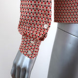 Equipment Blouse Beige/Red Printed Stretch Silk Size Small Tie Neck Shirt - Celebrity Owned