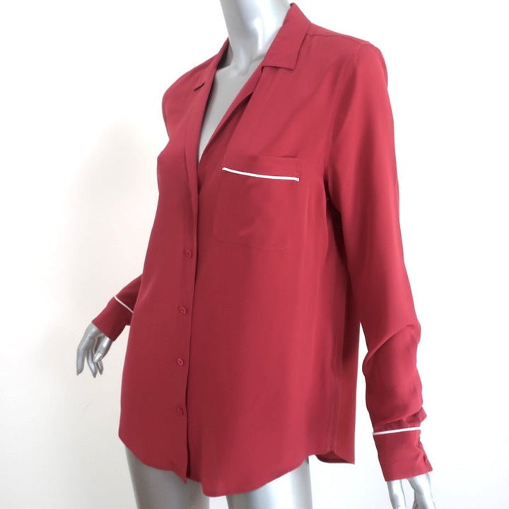 Equipment Shirt Keira Pinot Noir Piped Silk Size Medium Long Sleeve Blouse - Celebrity Owned