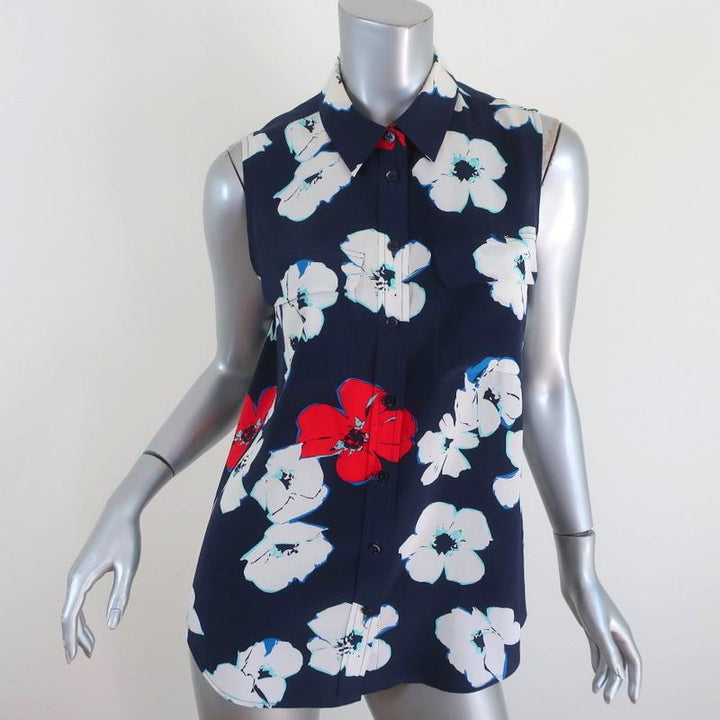 Equipment Slim Signature Sleeveless Top Navy Floral Print Silk Size Extra Small - Celebrity Owned