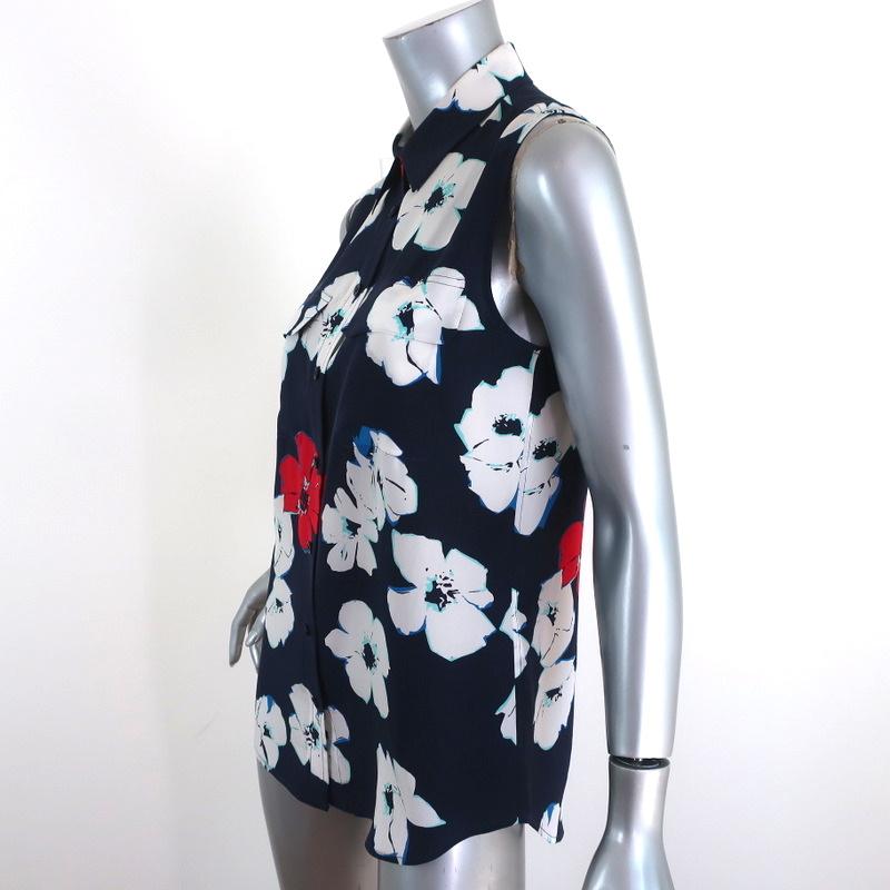 Equipment Slim Signature Sleeveless Top Navy Floral Print Silk Size Extra Small - Celebrity Owned
