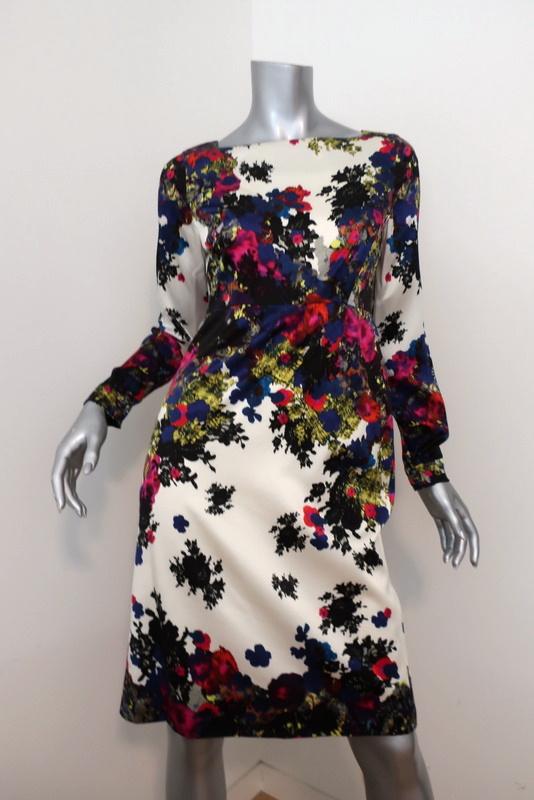 Erdem Dress Ivory/Multi Floral Print Silk Satin Size 6 Long Sleeve